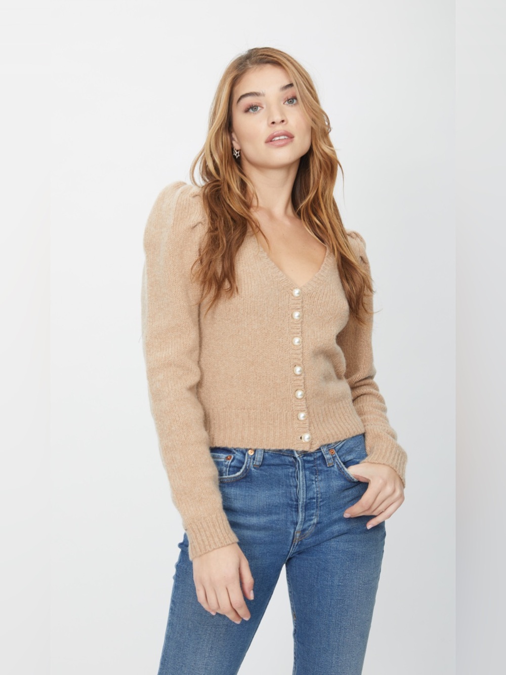 Generation Love Jayleen Pearl Cardigan - Wool, Cashmere, Nylon - Beige- Sz XS